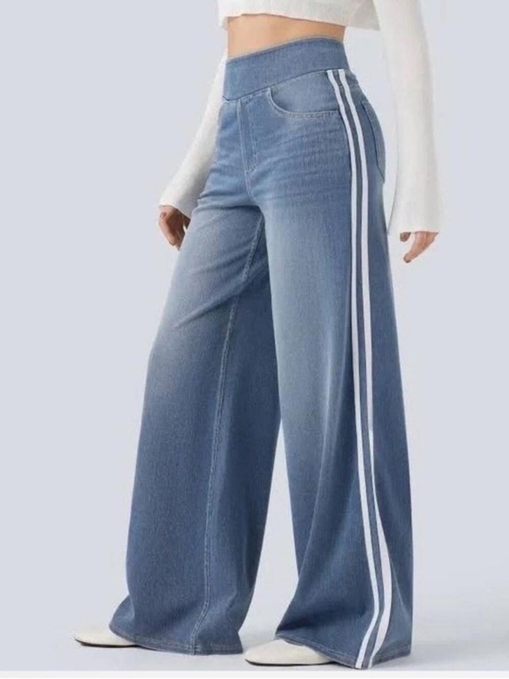Halara Flex High Waisted Blue Wide Leg Jeans with White Stripes